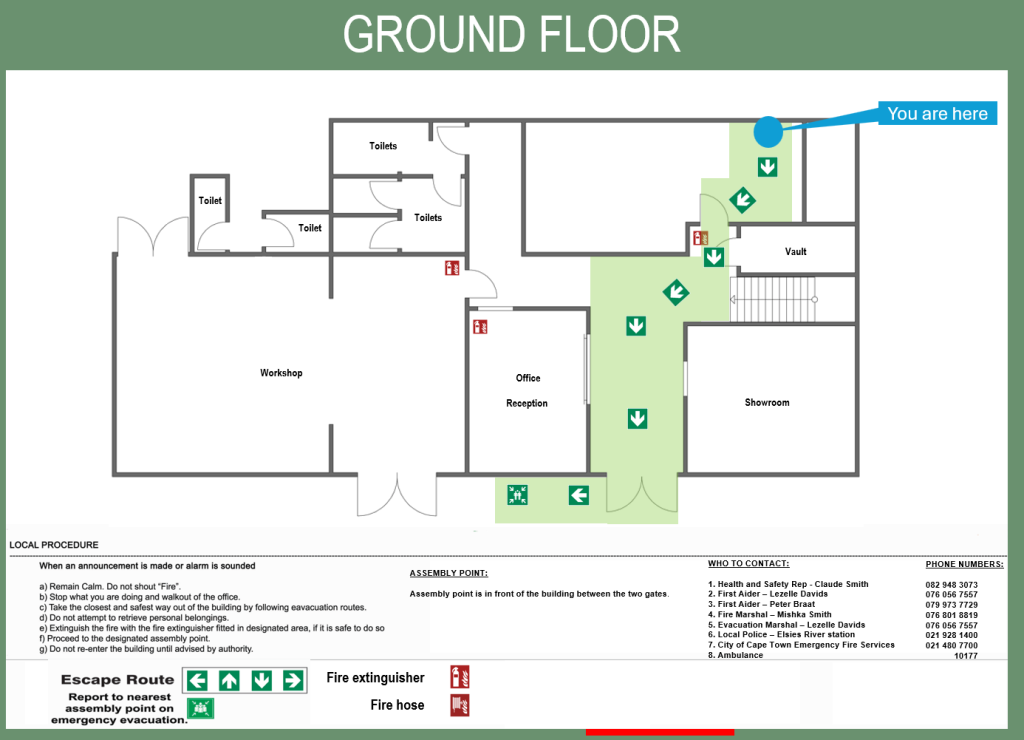 SANS 23601 compliant evacuation plan with clear escape routes
